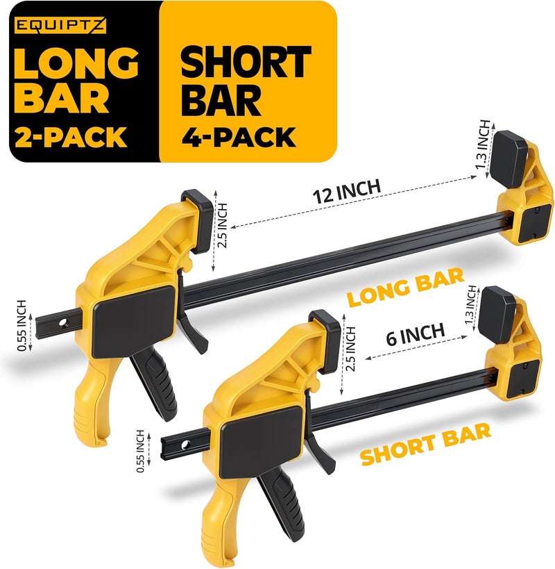 EQUIPTZ 6 Pack Bar Clamps for Woodworking – 2 Pcs 12" & 4 Pcs 6" Quick Grip Clamps Set with 150 lbs Force – Wood Clamps for Gluing, Carpentry, DIY, and Metalworking (Combo Sizes, 6 Pack) - Image 2